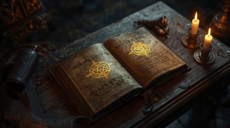 Lucid_Origin_A_mysterious_ancient_spell_book_lies_open_on_a_wo_1