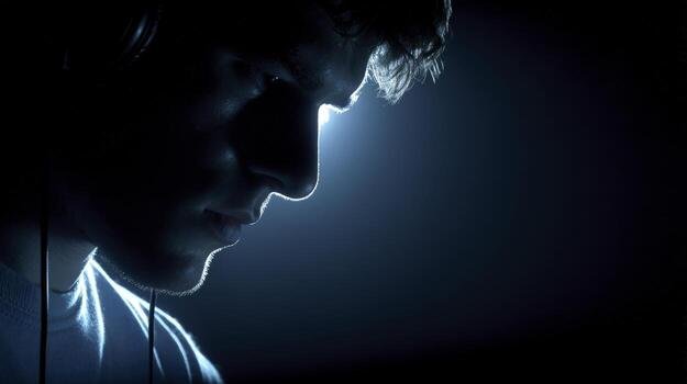 person-in-dark-room-wearing-headphones-lit-from-above-photo